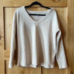 J. Jill Plush Knit Corduroy V-Neck Top, Small, Cream /Oatmeal